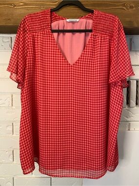 Penningtons 1X Pink Magenta Gingham Flutter Sleeve Blouse Plus Size V-Neck Top